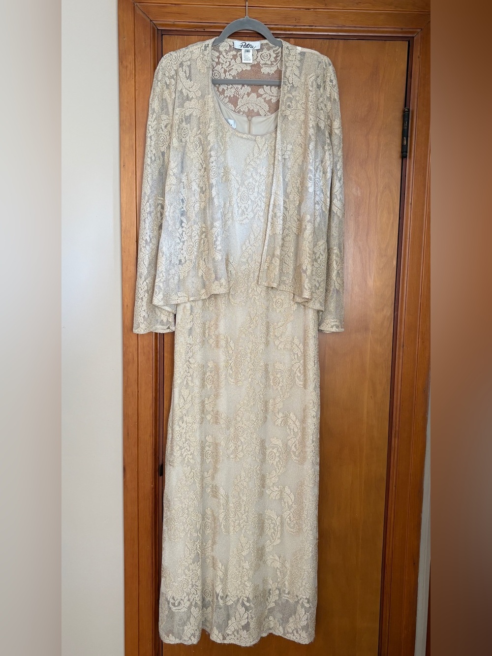 Patra Lace Two Piece Overlay Jacket Evening Dress in Cream and Gold Size 12